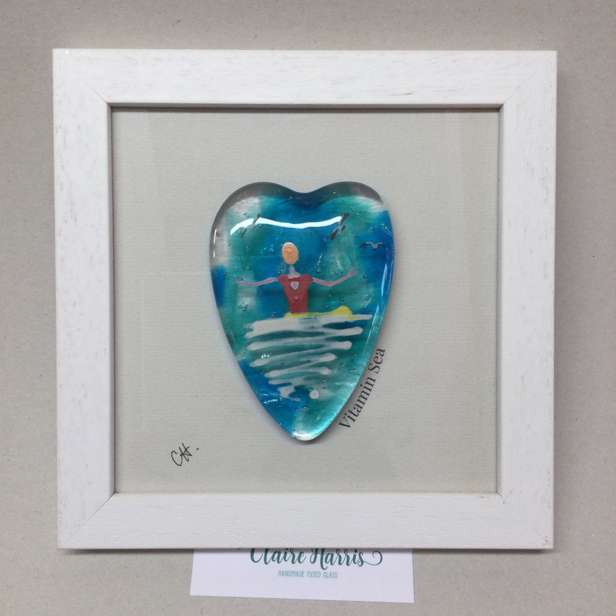 Limited Edition Fused Glass Framed Heart - Swimmer with Red Costume and Orange Cap