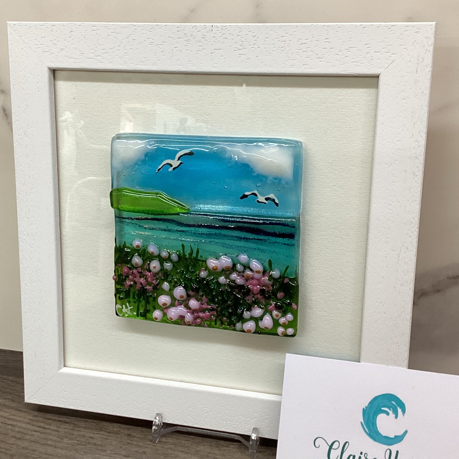 Framed Fused Glass Square Sea Pinks