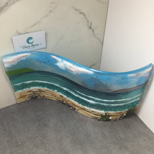 Jumbo Freestanding Wave Fused Glass Sea Scene, Cornish beach with Grass
