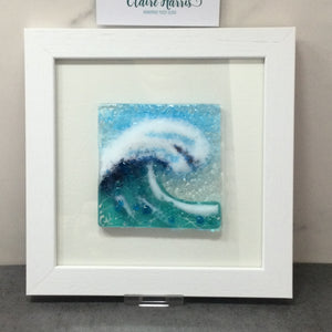 Limited Edition Framed Fused Glass Square Light Aqua Crashing Wave