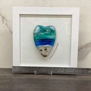 A conical shaped sea scene heart and the text 'Colours of Cornwall'. Ruler at the bottom of the piece to demonstrate the length.
