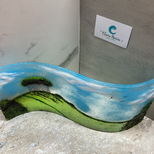 Fused Glass Jumbo Nearly Home Trees, with a top view of the product to illustrate the curve of the piece.