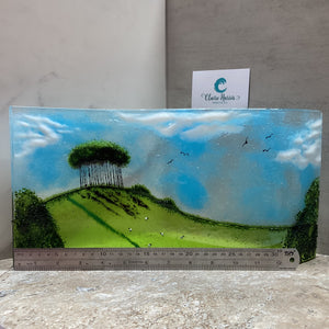Fused Glass Jumbo Nearly Home Trees, with a ruler to demonstrate the length of the piece.
