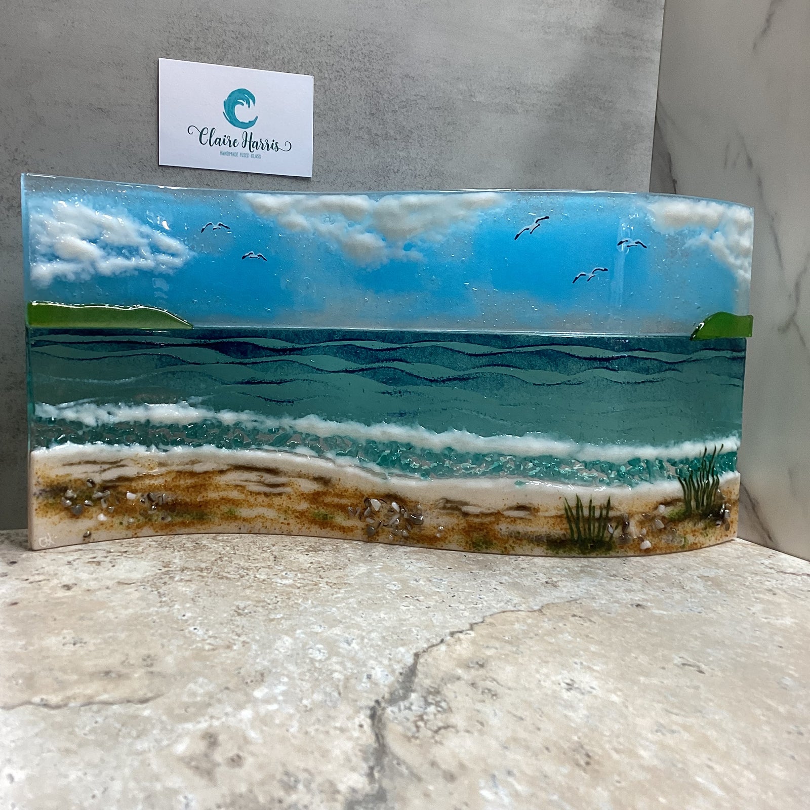 Fused Glass Jumbo Sea Scene with Sea Grass, main product photo showing a front view with a business card.