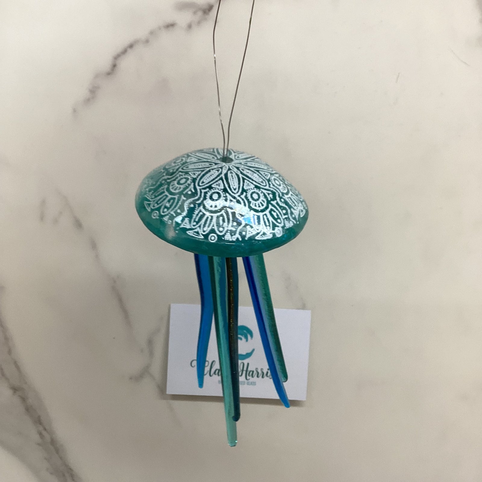 Fused Glass Patterned Jellyfish Hanger Light Aqua, handmade fused glass by Claire Harris in Cornwall