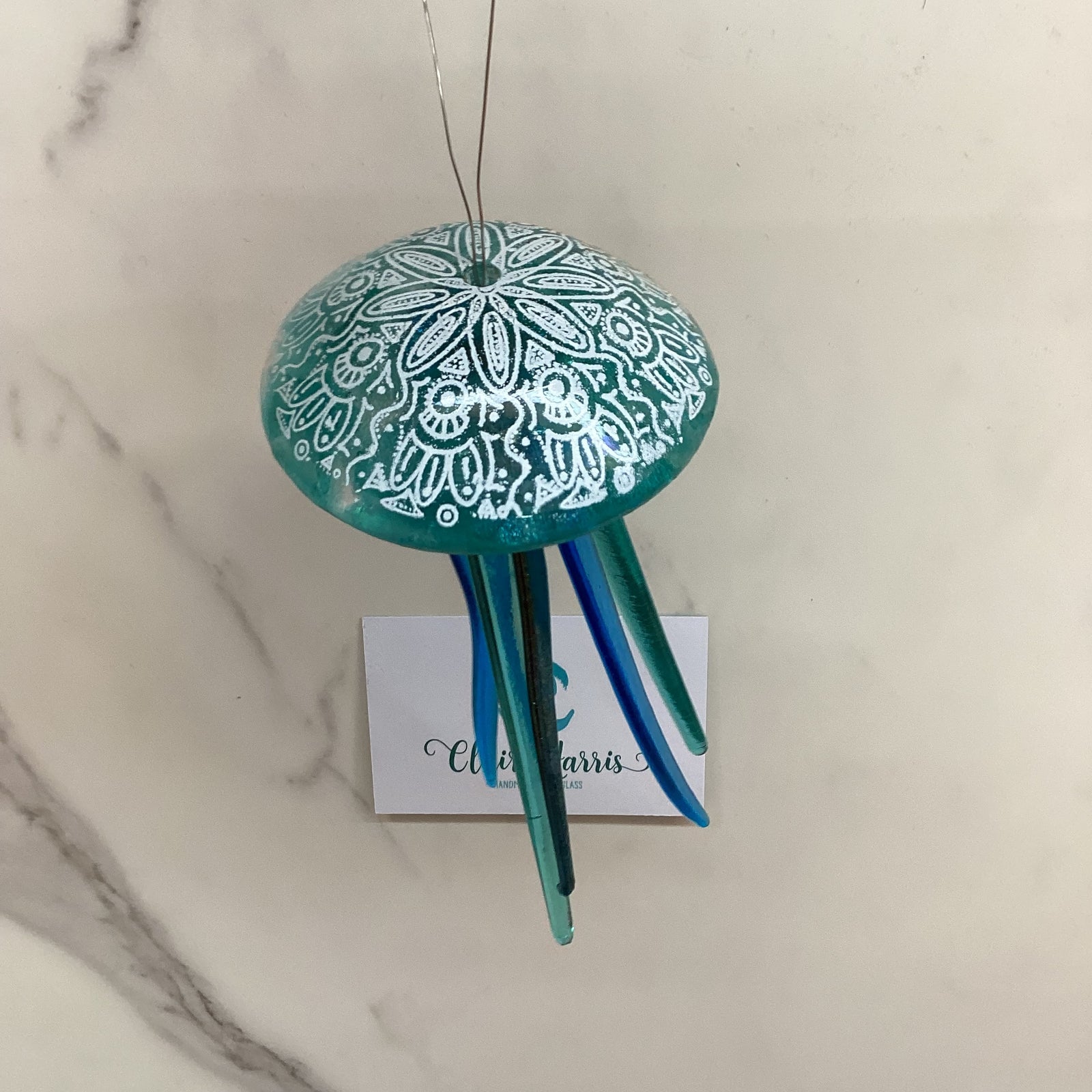 Fused Glass Patterned Jellyfish Hanger Light Aqua, handmade fused glass by Claire Harris in Cornwall