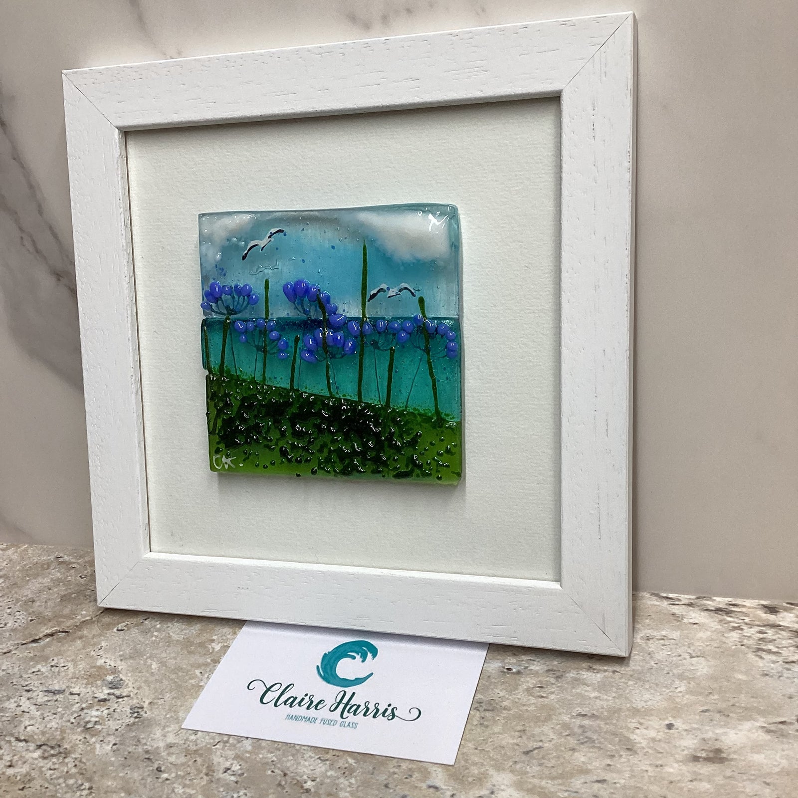 Fused Glass Square Framed Agapanthus, main product image with a business card.