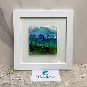 Fused Glass Square Framed Agapanthus, main product image with a business card.