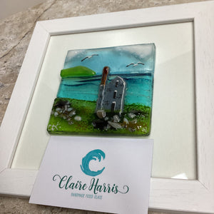 Fused Glass Square Framed Engine House, with a close-up view to demonstrate the detail and texture of the piece. Business card for scale.