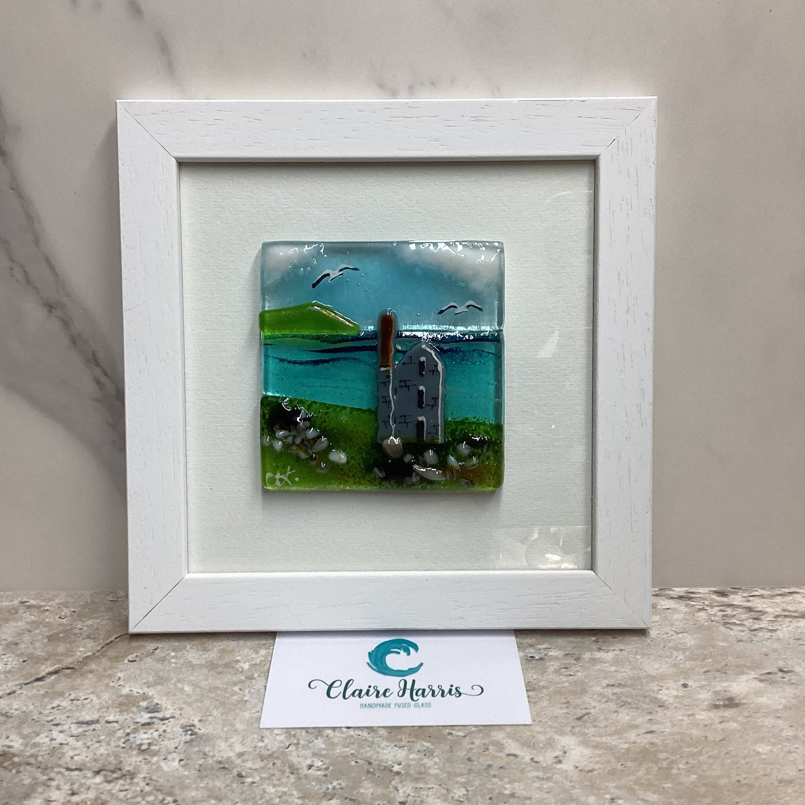 Fused Glass Square Framed Engine House, main product image with a business card.
