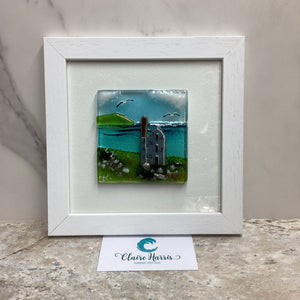 Fused Glass Square Framed Engine House, main product image with a business card.
