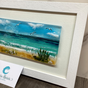 Fused Glass large framed Sea Scene with Sea Grass, with a close-up view of the right side of the product.