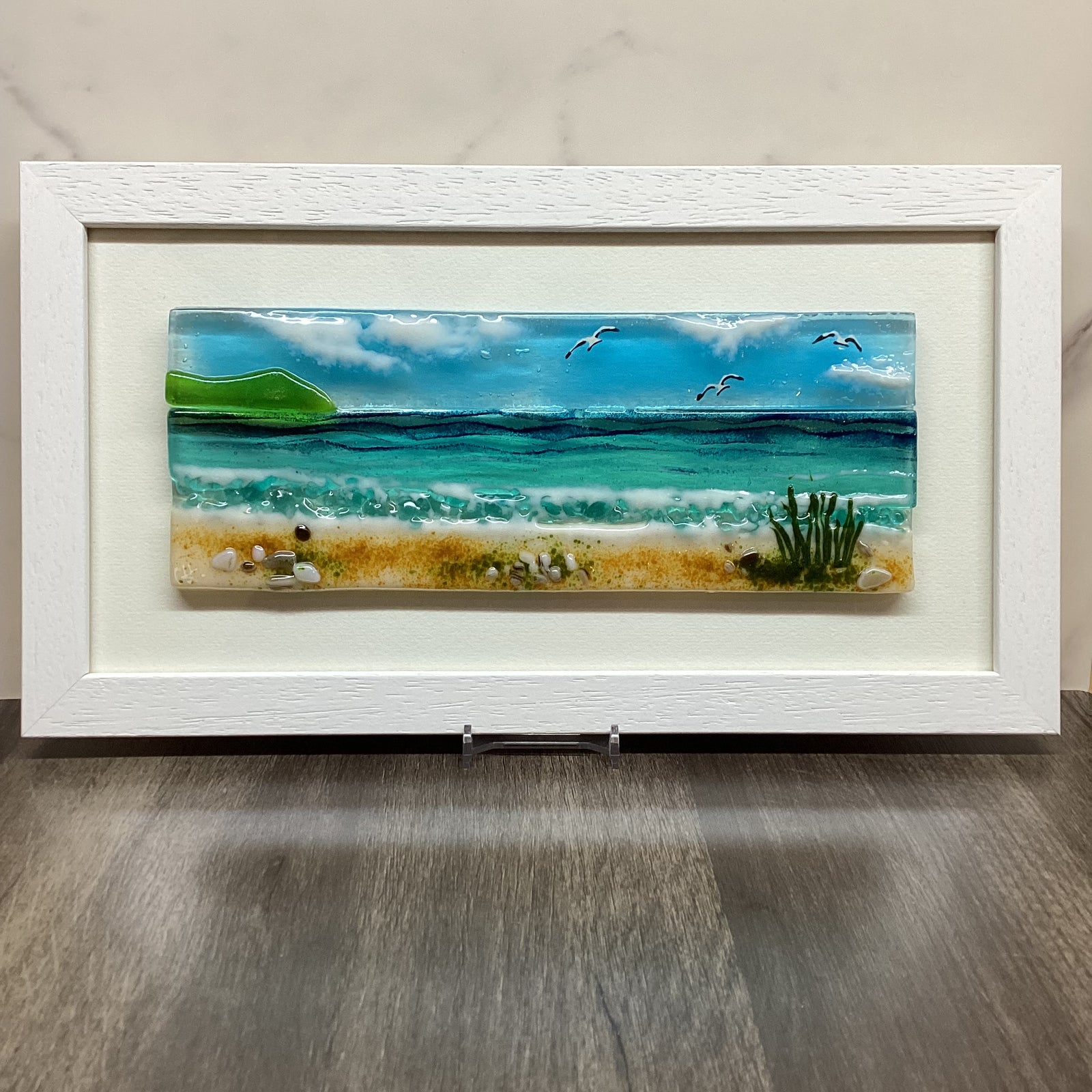 Fused Glass large framed Sea Scene with Sea Grass, front view of the product.