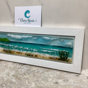 Fused Glass regular framed Sea Scene with Sea Grass, close-up view of the right of the piece.