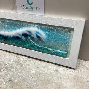 Fused Glass regular sized framed Crashing Wave Light Aqua, with a close-up view of the right of the design. 