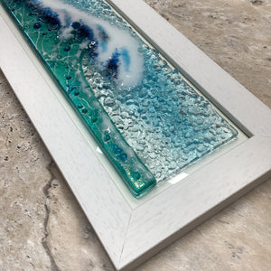 Fused Glass regular sized Framed Light Aqua Crashing Wave design with a close-up view to demonstrate the texture of the piece.