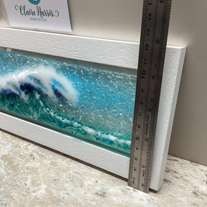 Fused Glass regular sized Light Aqua Crashing Wave design with a ruler to demonstrate the height of the piece.