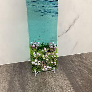 fused glass large hanger with sea pinks, with a close up view of the floral element