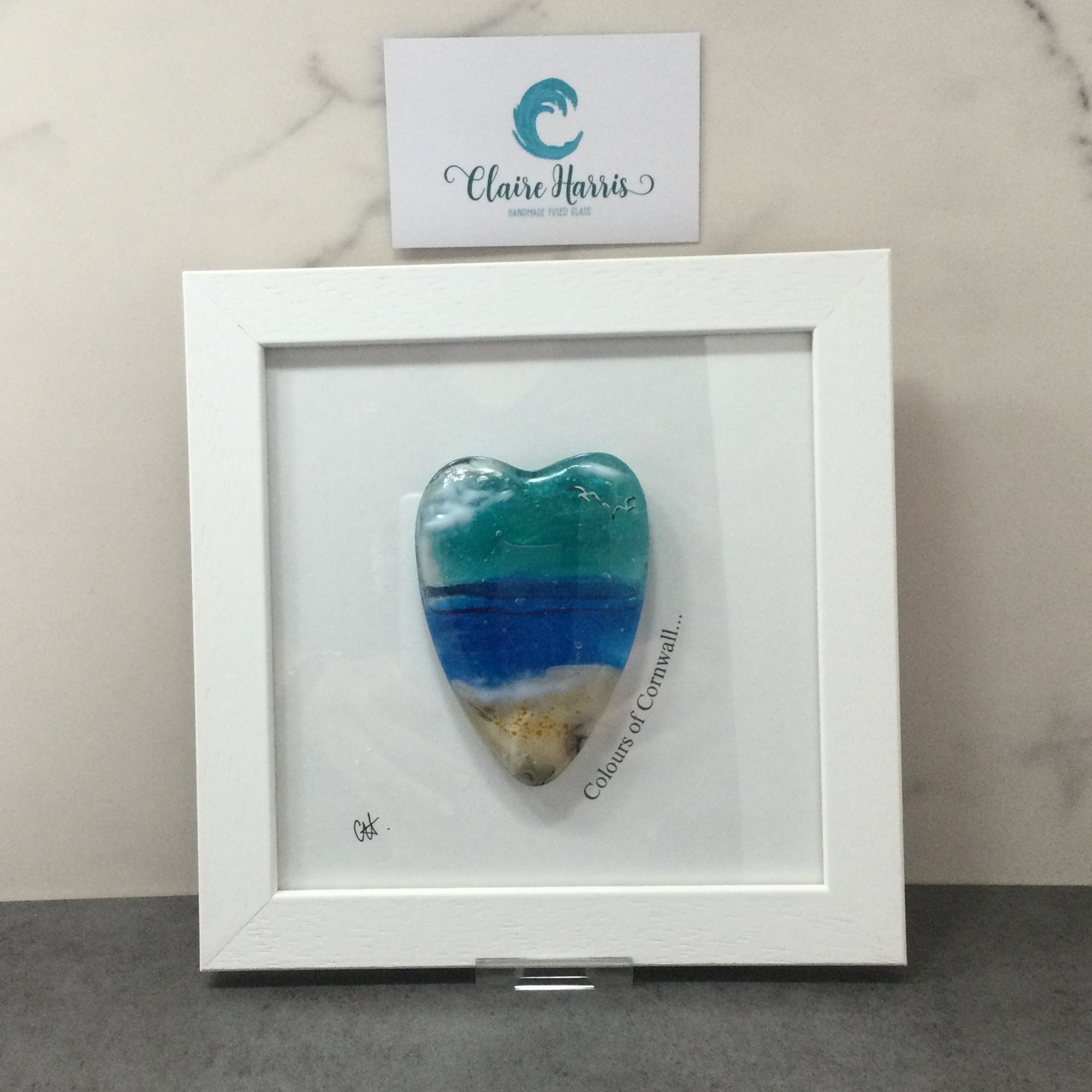 Fused Glass Sea Scene Framed Conical Heart