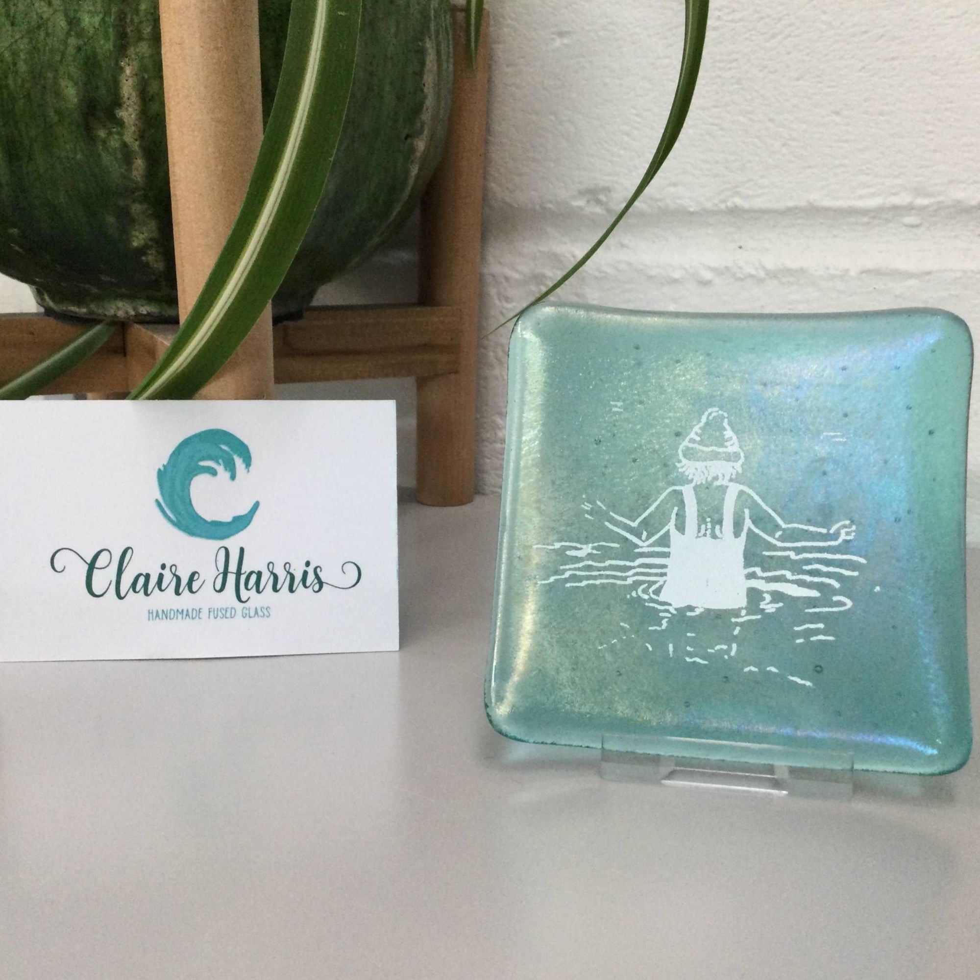 Cornish Wild Swimmers with Bobble Hat, Light Aqua Trinket Dish - Fused Glass By Claire Harris 