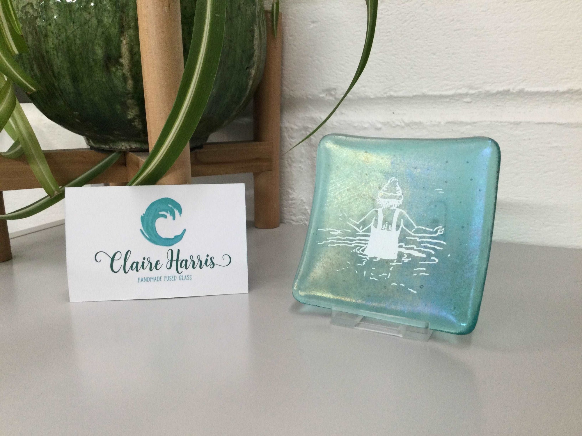 Cornish Wild Swimmers with Bobble Hat, Light Aqua Trinket Dish - Fused Glass By Claire Harris 