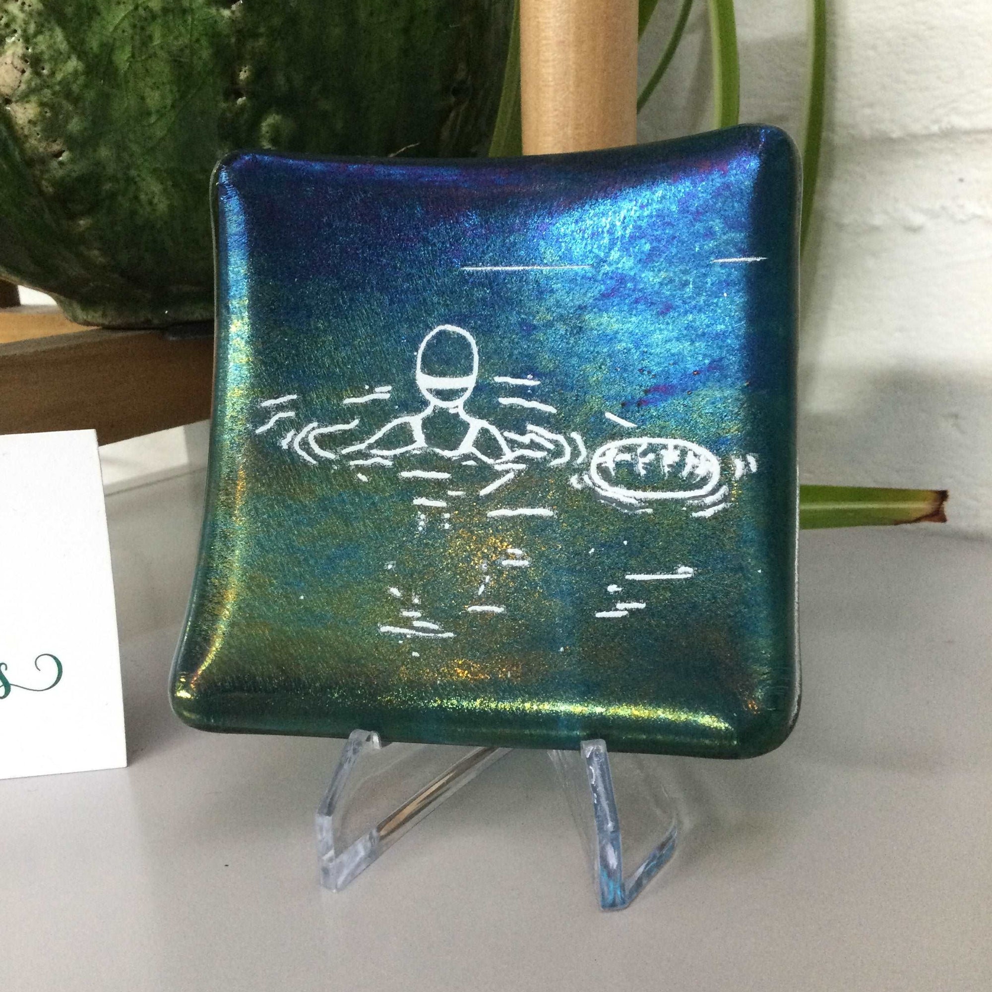 Cornish Wild Swimmer with Float, Dark Aqua Trinket Dish - Fused Glass By Claire Harris 