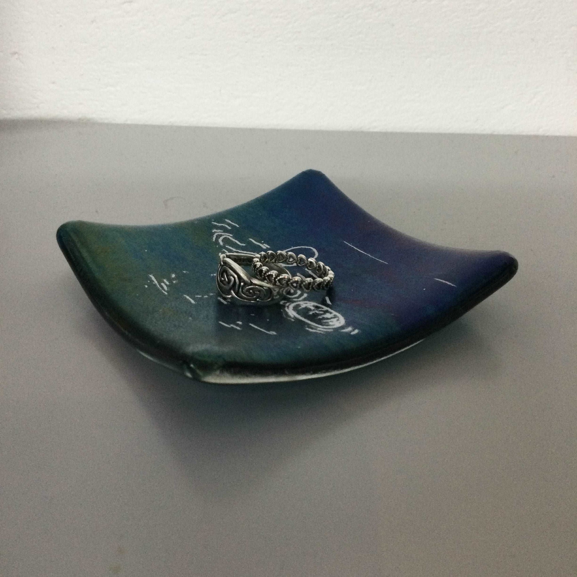 Cornish Wild Swimmer with Float, Dark Aqua Trinket Dish - Fused Glass By Claire Harris 