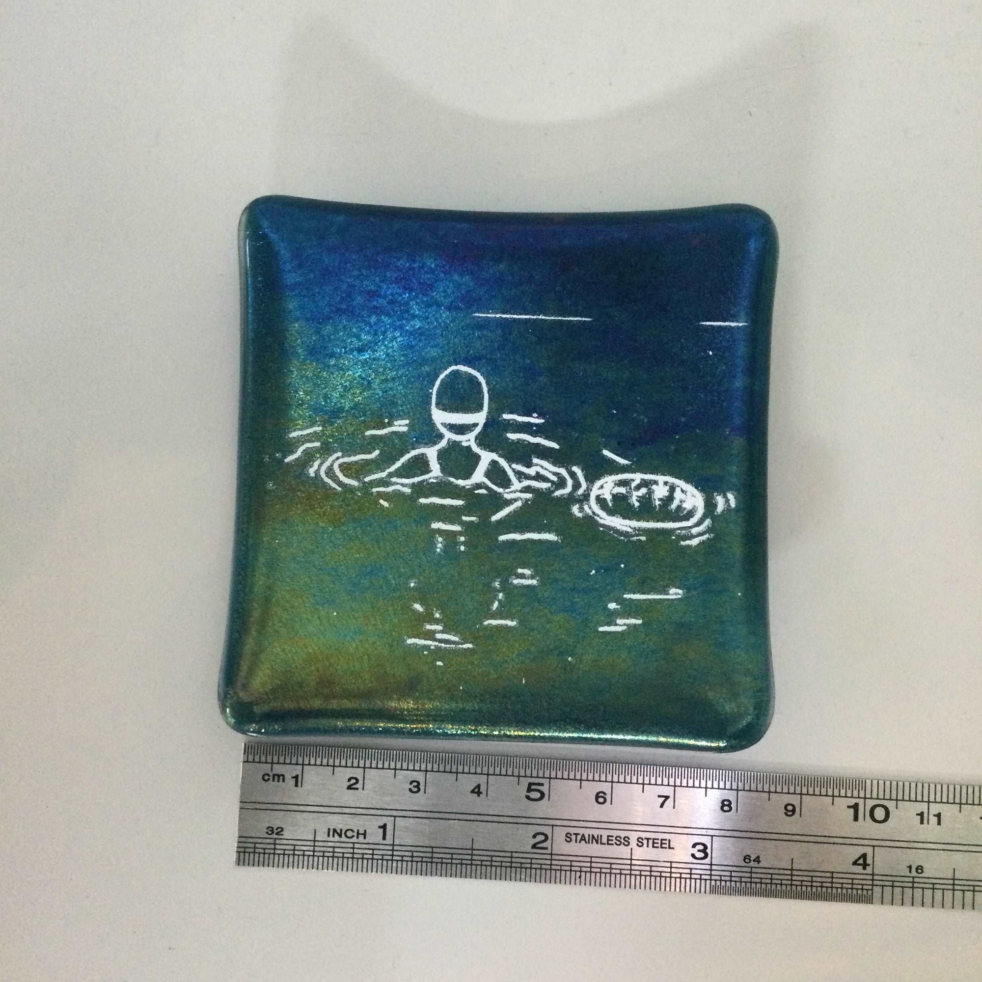 Cornish Wild Swimmer with Float, Dark Aqua Trinket Dish - Fused Glass By Claire Harris 