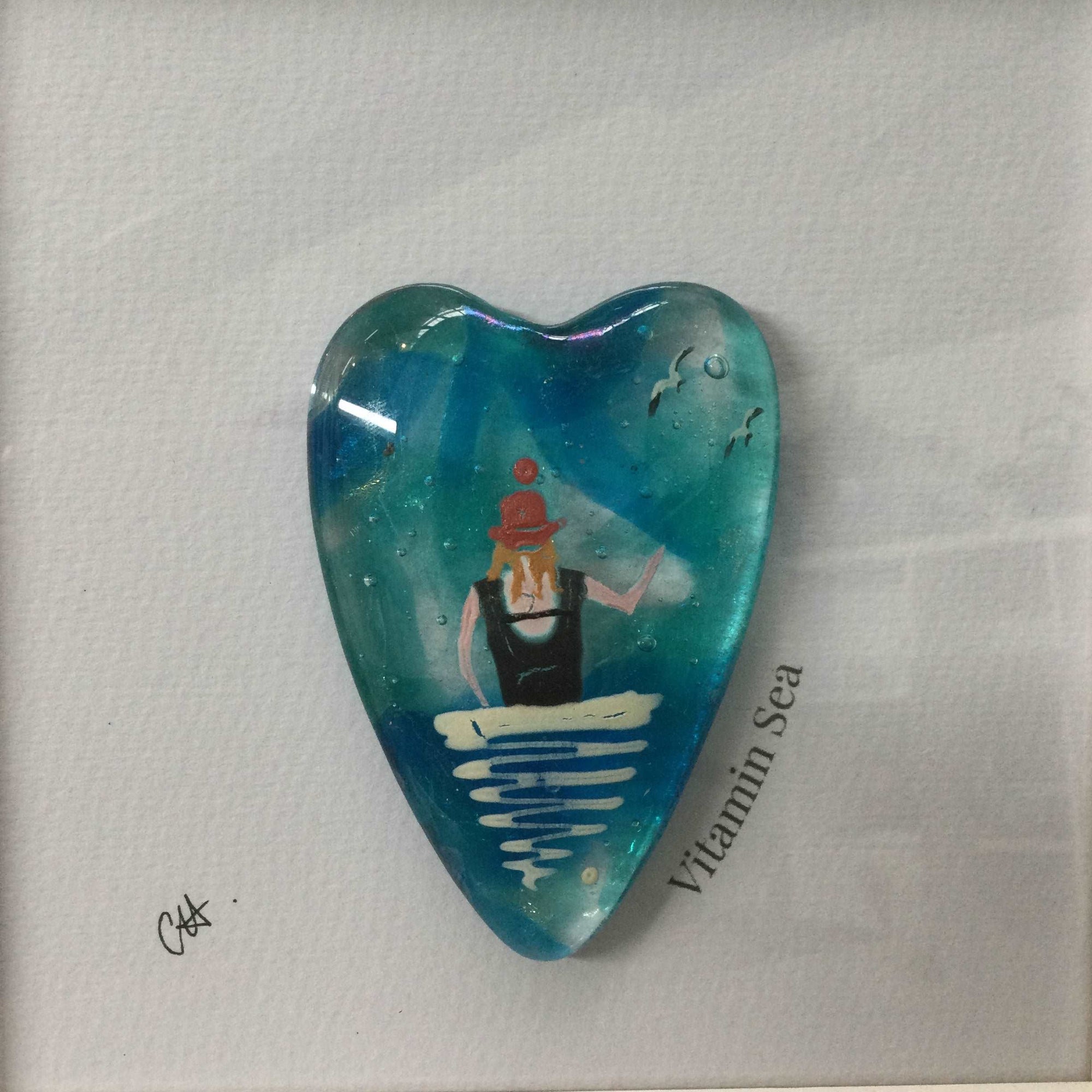 Framed Fused Glass Conical Heart - Wild Sea Swimmer - Fused Glass By Claire Harris 