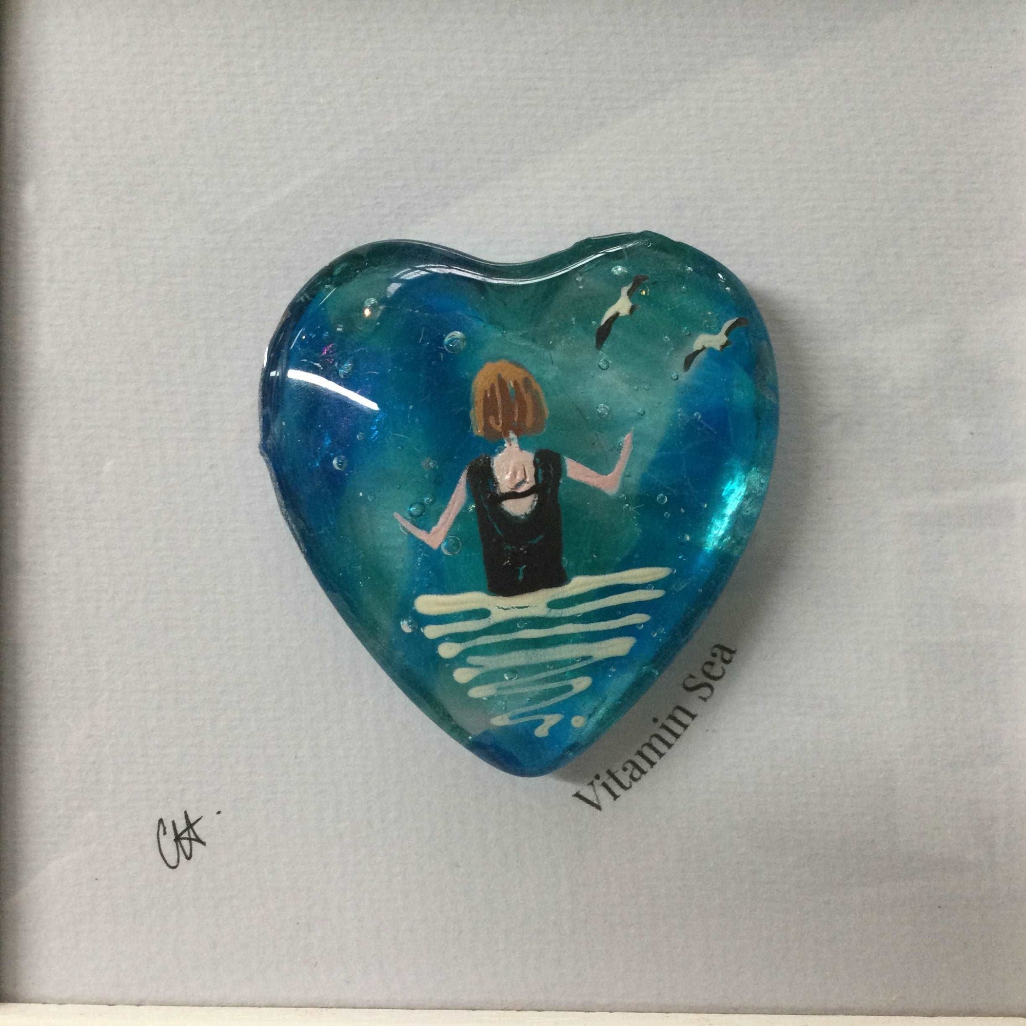 Framed Fused Glass Round Heart - Wild Sea Swimmer - Fused Glass By Claire Harris 