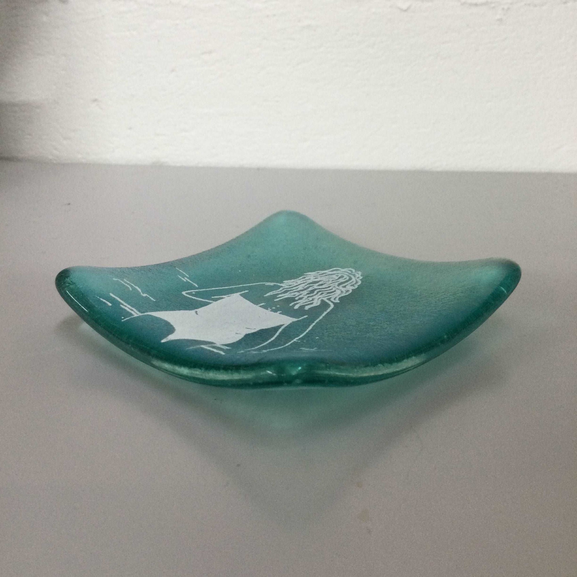 Cornish Wild Swimmers Standing, Light Aqua Trinket Dish - Fused Glass By Claire Harris 