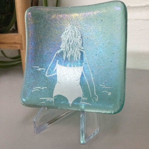 Cornish Wild Swimmers Standing, Light Aqua Trinket Dish - Fused Glass By Claire Harris 