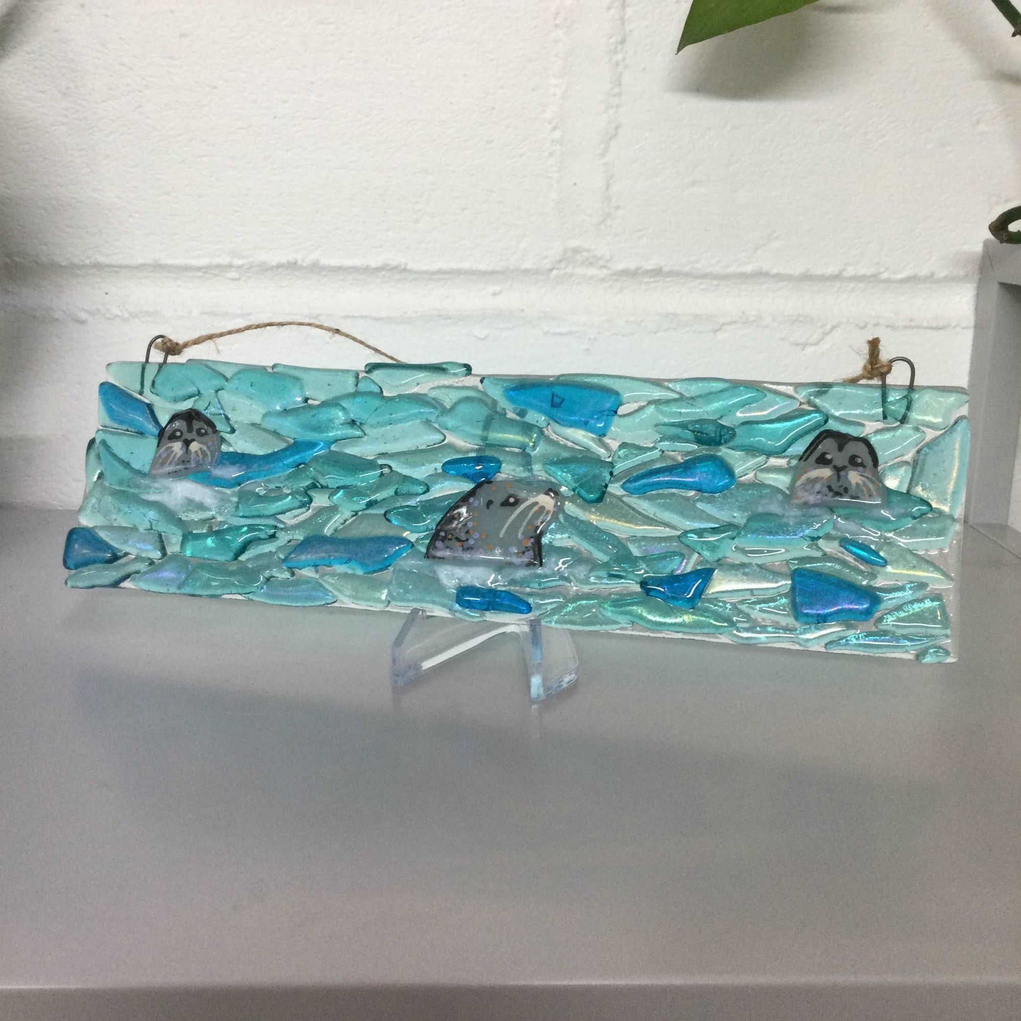 Horizontal Large Hanger - Trio Of Seals - Fused Glass By Claire Harris 