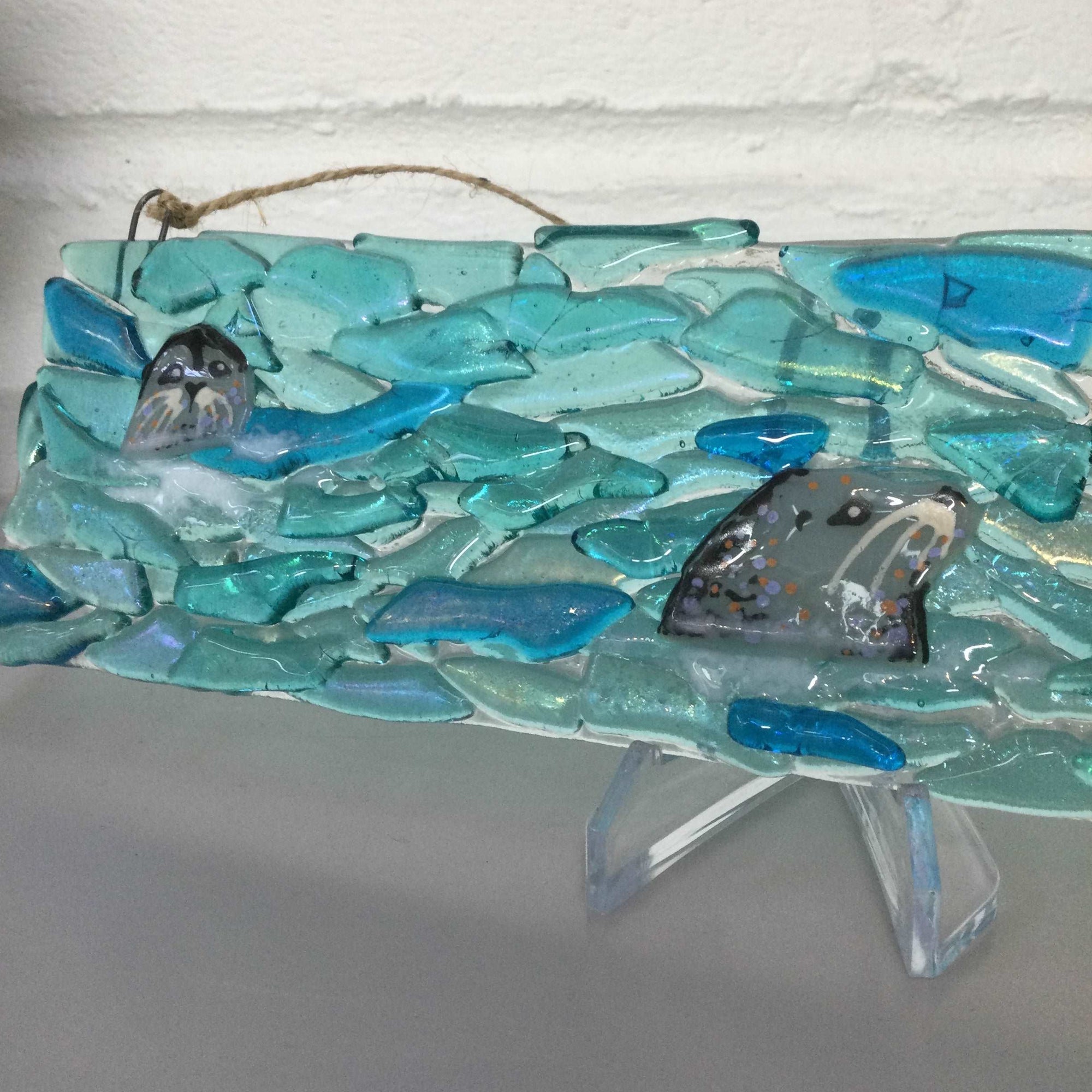 Horizontal Large Hanger - Trio Of Seals - Fused Glass By Claire Harris 