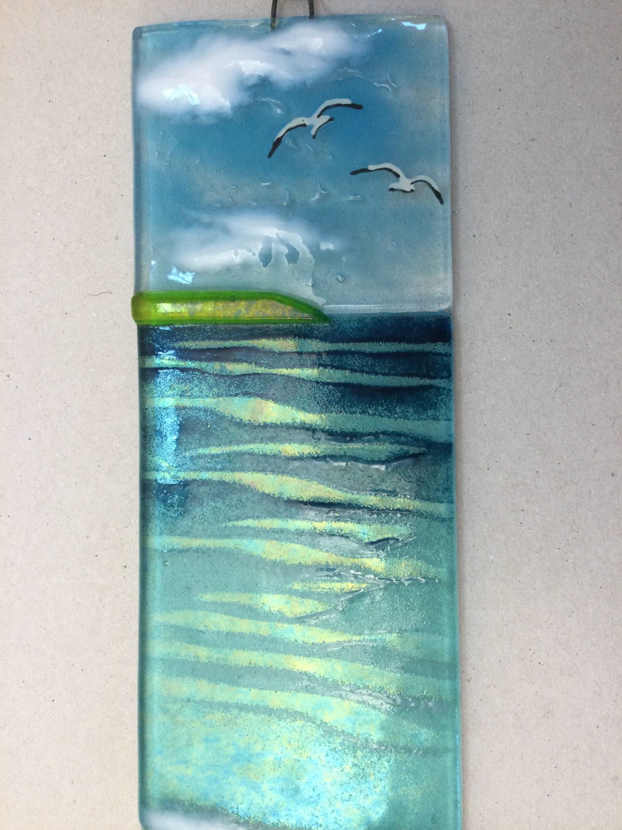 Large Hanger - Sea scene with groyns - Fused Glass By Claire Harris 