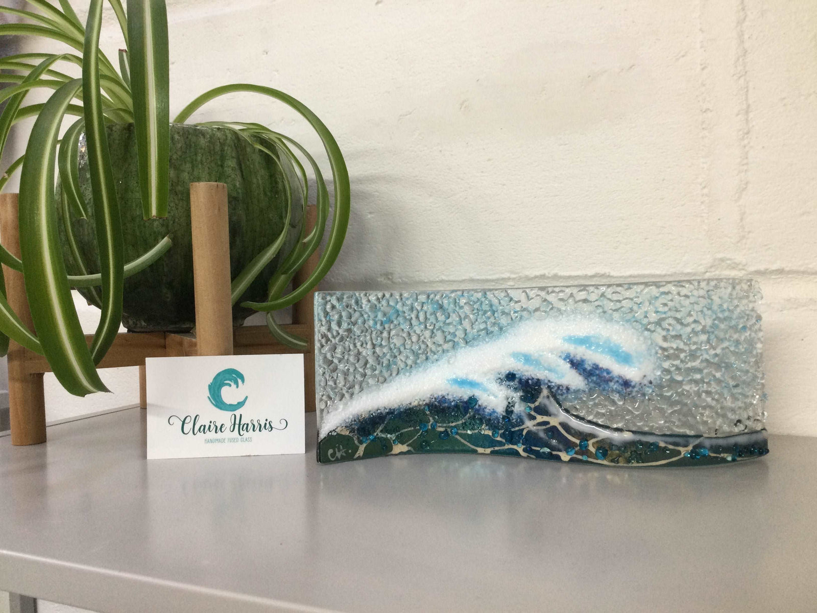 Large Freestanding Wave Dark Aqua Crashing Wave - Fused Glass By Claire Harris 
