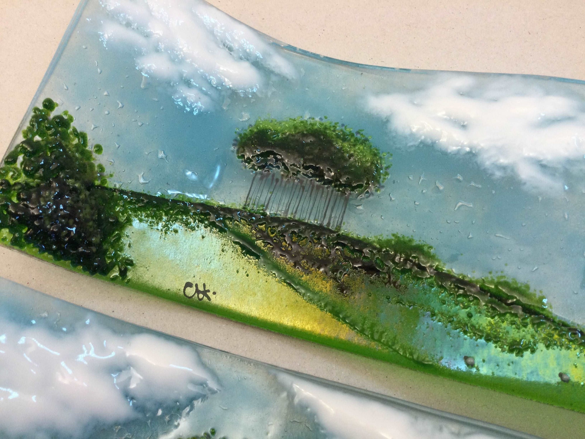 Large Freestanding Wave - Nearly Home Trees - Fused Glass By Claire Harris 