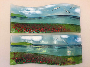 Large Freestanding Wave - Poppy field Sea Scene - Fused Glass By Claire Harris 