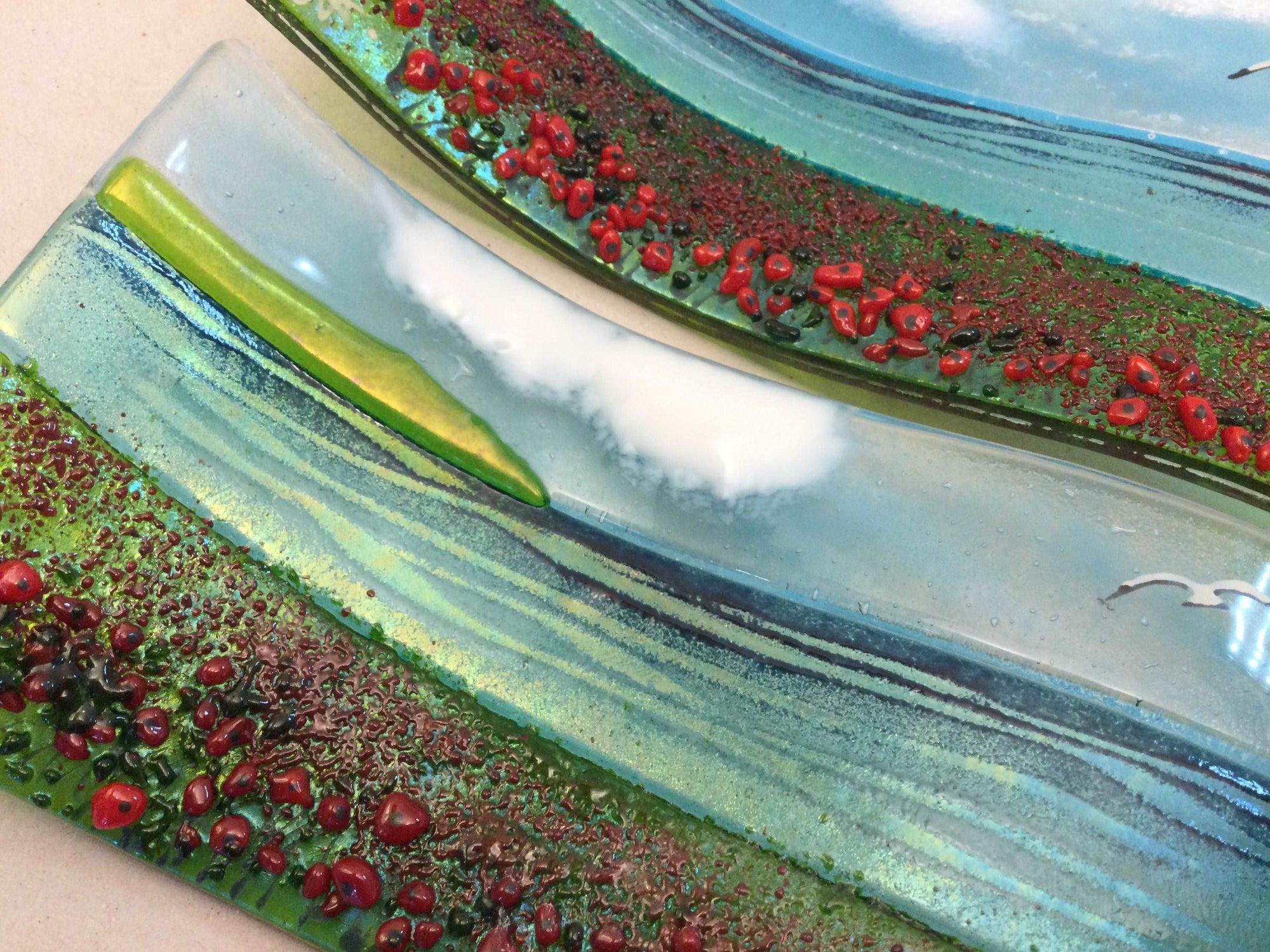 Large Freestanding Wave - Poppy field Sea Scene - Fused Glass By Claire Harris 