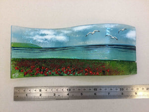 Large Freestanding Wave - Poppy field Sea Scene - Fused Glass By Claire Harris 