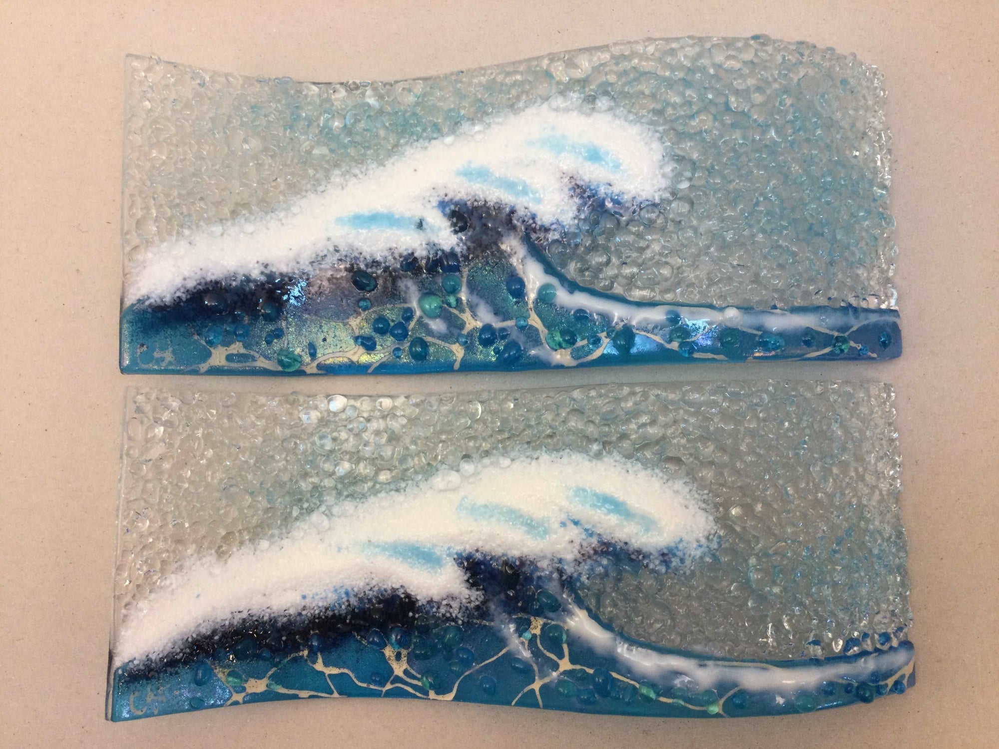 Large Freestanding Wave - Turquoise Crashing Wave - Fused Glass By Claire Harris 