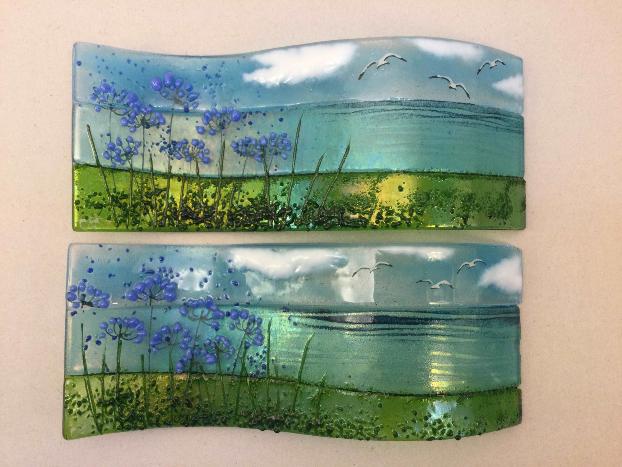 Large Freestanding Wave - Sea Scene with agapanthus - Fused Glass By Claire Harris 