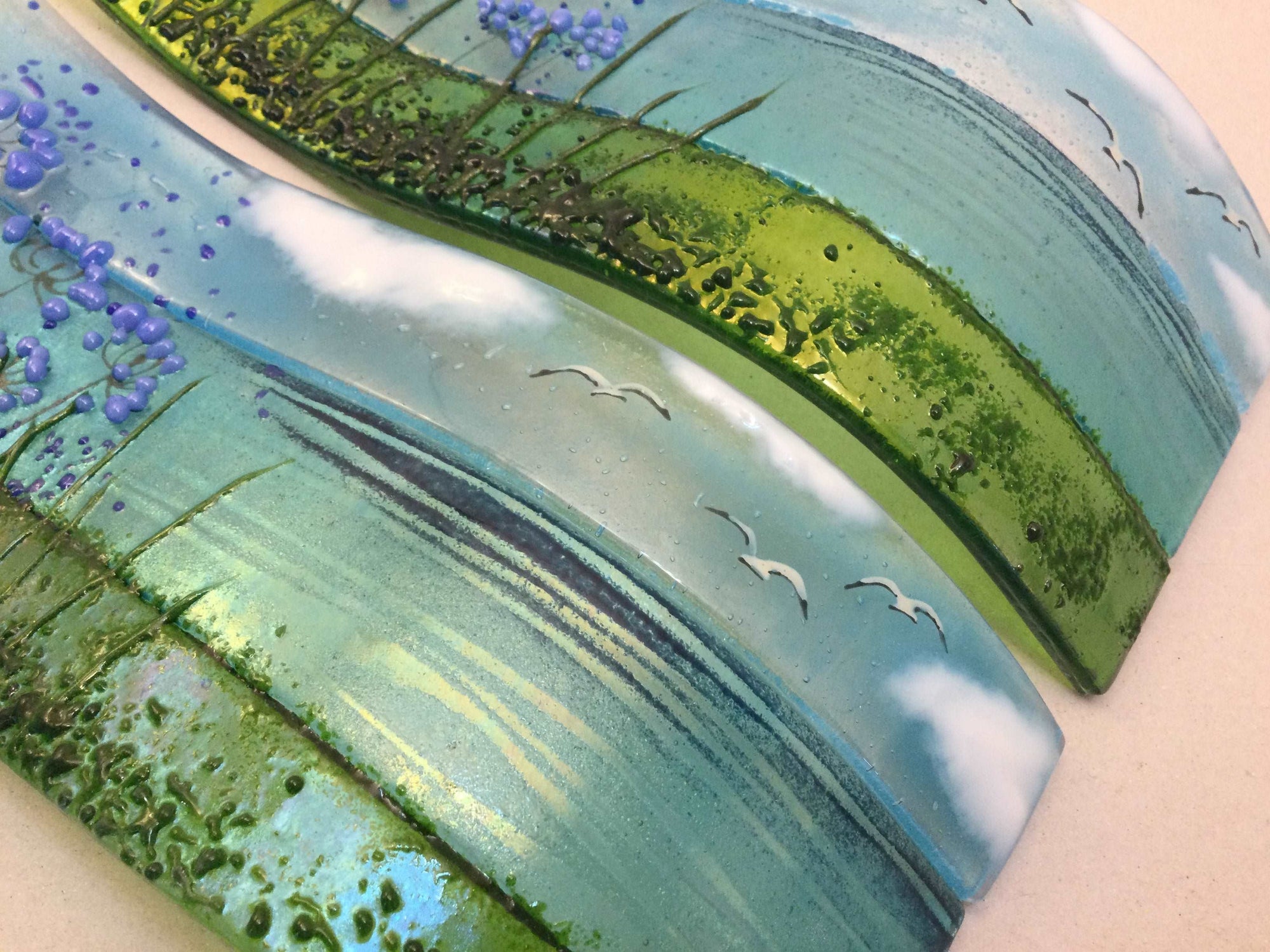 Large Freestanding Wave - Sea Scene with agapanthus - Fused Glass By Claire Harris 