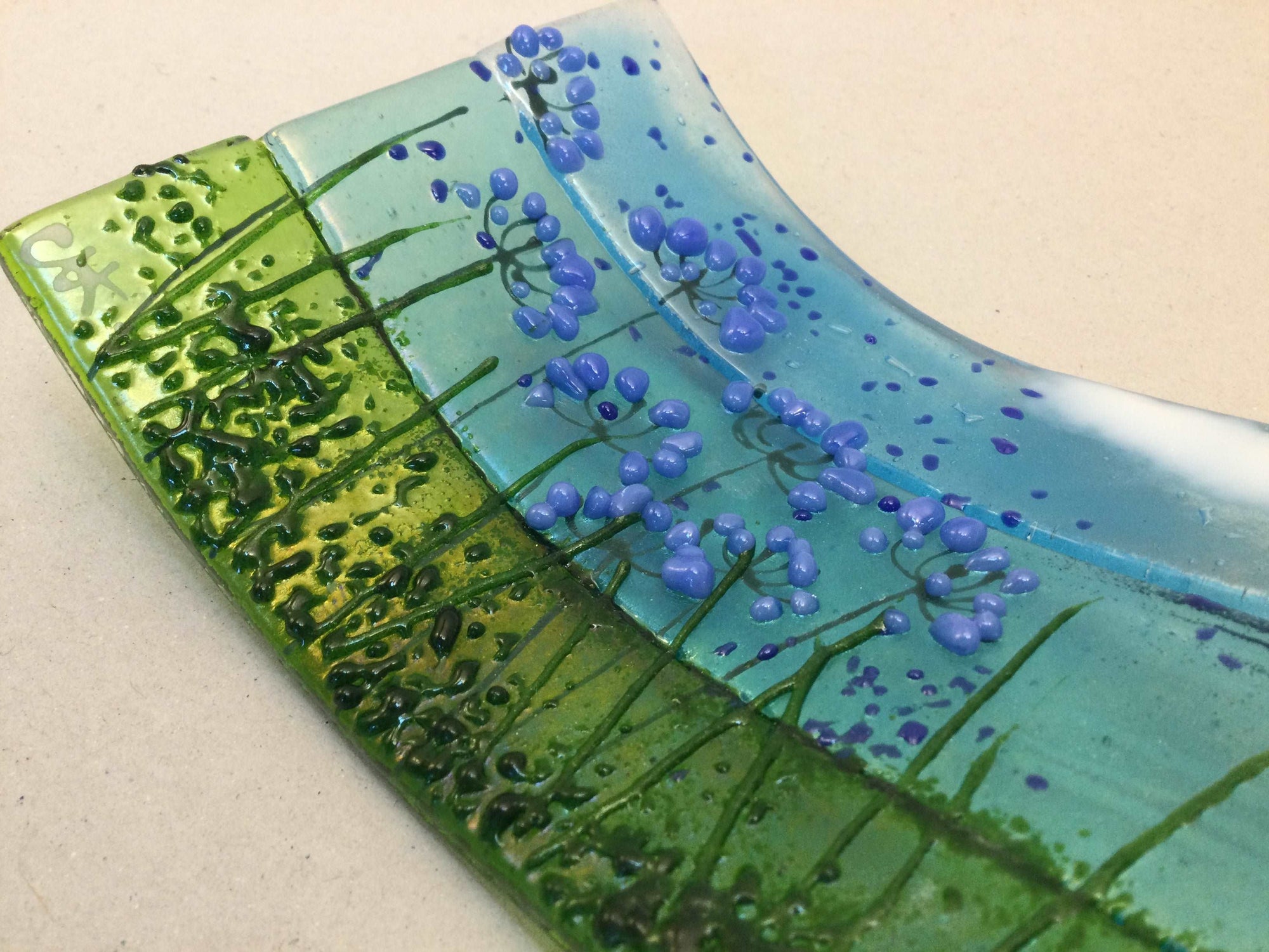 Large Freestanding Wave - Sea Scene with agapanthus - Fused Glass By Claire Harris 