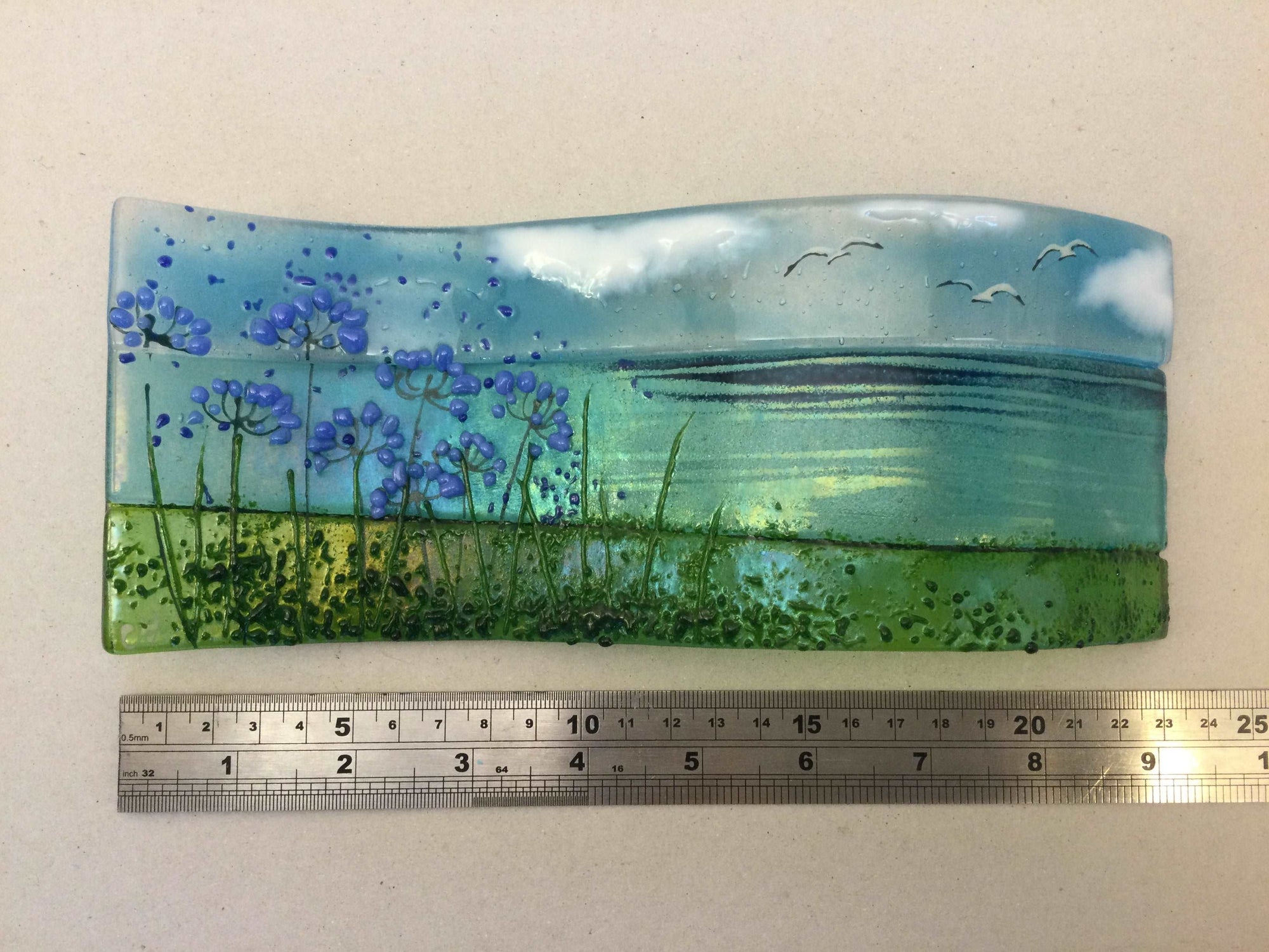 Large Freestanding Wave - Sea Scene with agapanthus - Fused Glass By Claire Harris 