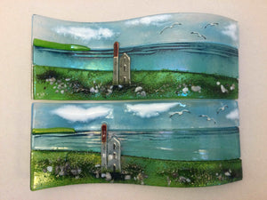 Large freestanding wave - Sea scene with Cornish Tin mine engine house. - Fused Glass By Claire Harris 