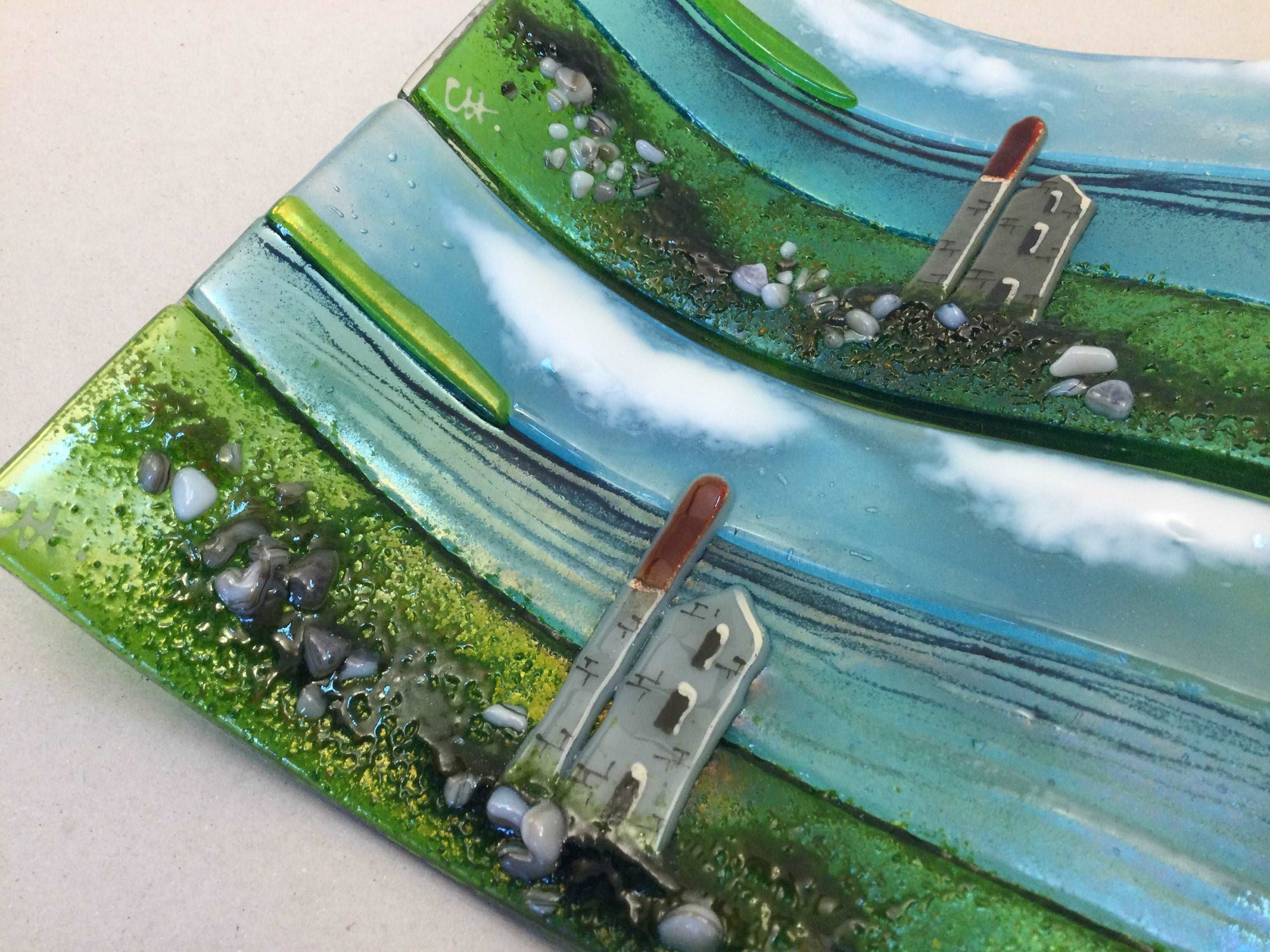 Large freestanding wave - Sea scene with Cornish Tin mine engine house. - Fused Glass By Claire Harris 