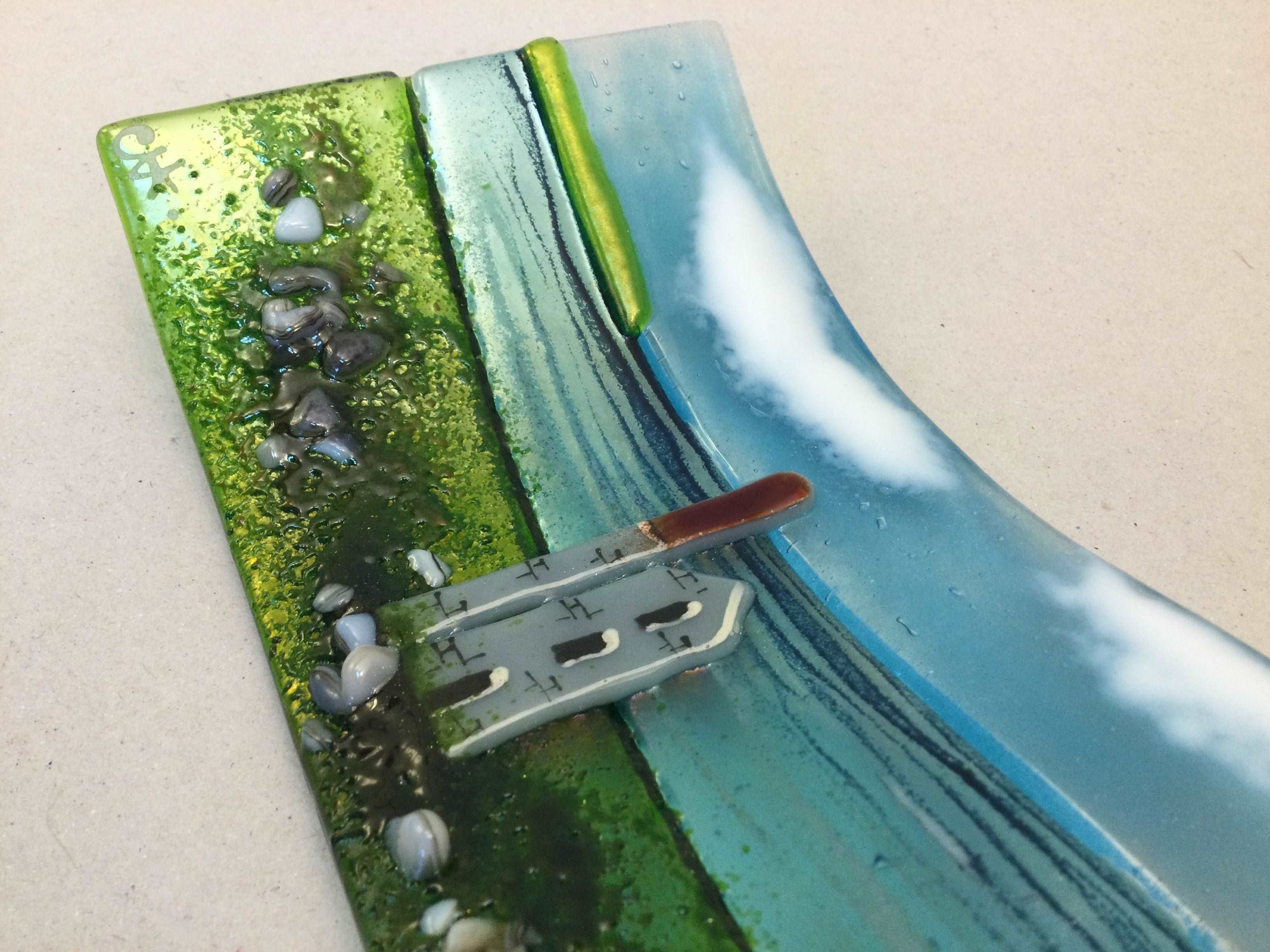 Large freestanding wave - Sea scene with Cornish Tin mine engine house. - Fused Glass By Claire Harris 