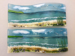 Large Freestanding Wave - Sea Scene with grass - Fused Glass By Claire Harris 