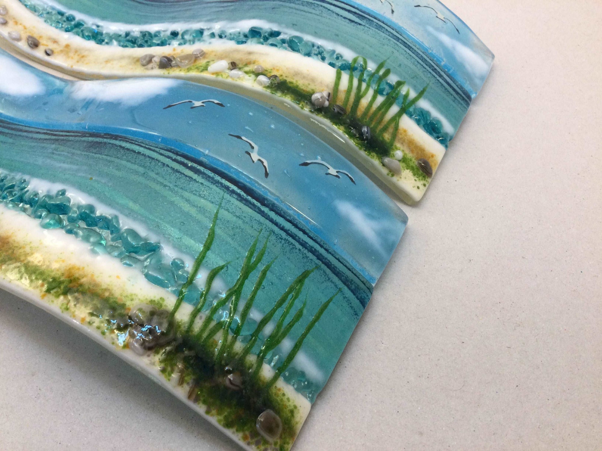 Large Freestanding Wave - Sea Scene with grass - Fused Glass By Claire Harris 